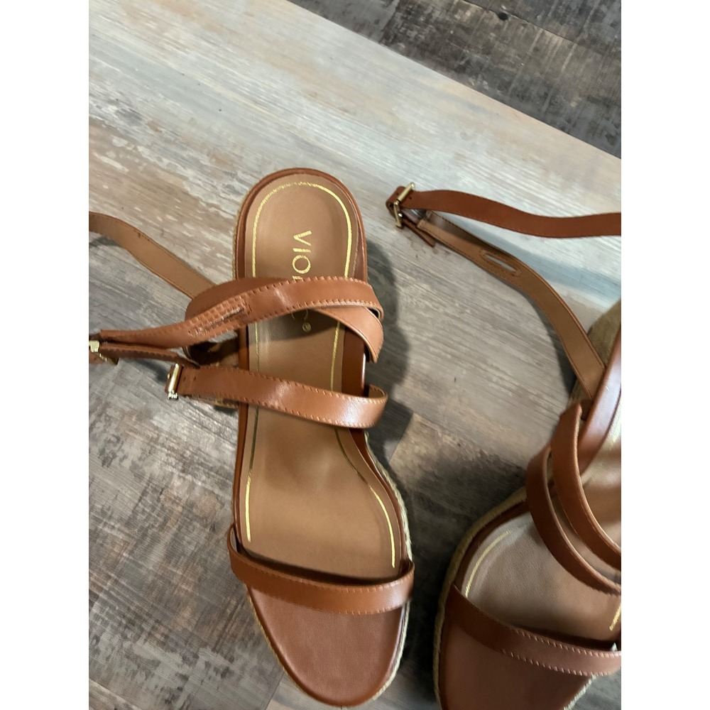 Vionic Womens Tan Brown Leather Espadrille Wedge Sandals Strappy Buckle Heel - Picture 5 of 12